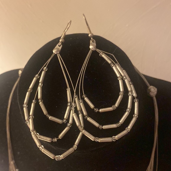 Necklace and Earring Set - Long Silver and tiny round clear beads on MultiStrand - Picture 2 of 4